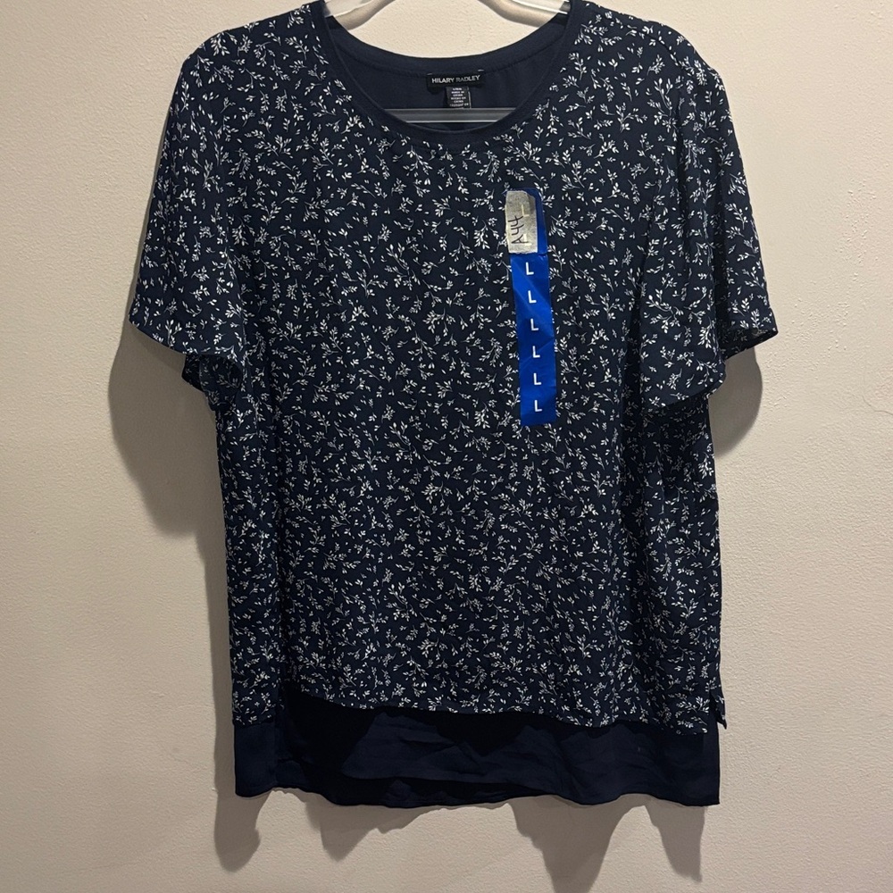 Hilary Radley Navy Blue Short Sleeve Floral Print Tee